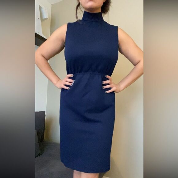 Vintage VTG Navy Blue Short Sleeve Turtleneck Dress Size Medium 60s Mod - Picture 4 of 11